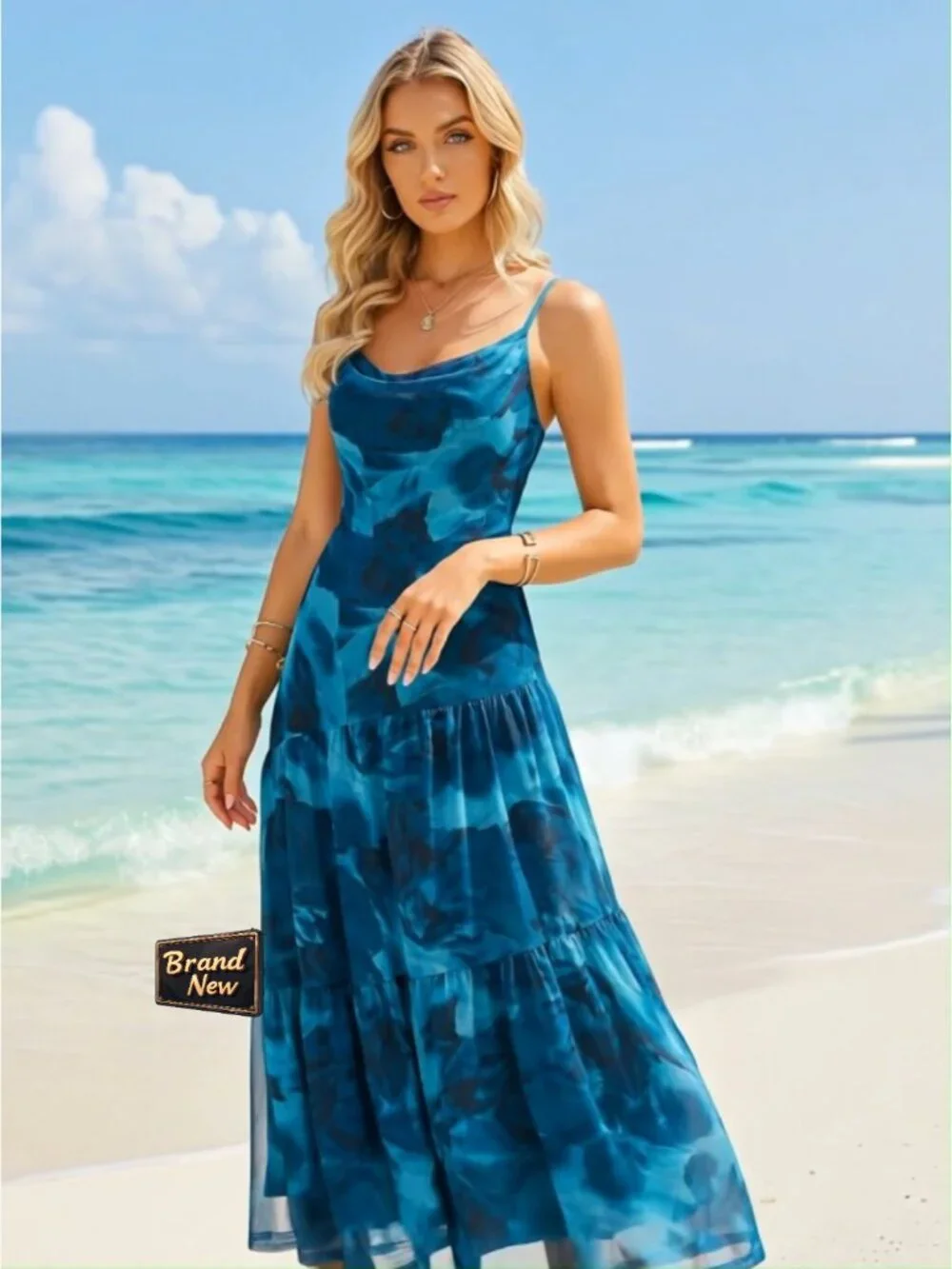 Sleeveless Maxi Dress Flowy Mesh Spaghetti Strap Boho Summer Wedding Guest - Picture 7 of 7